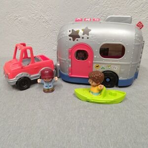 Little people gray camper, orange truck, green kayak, 2 male figure sounds work